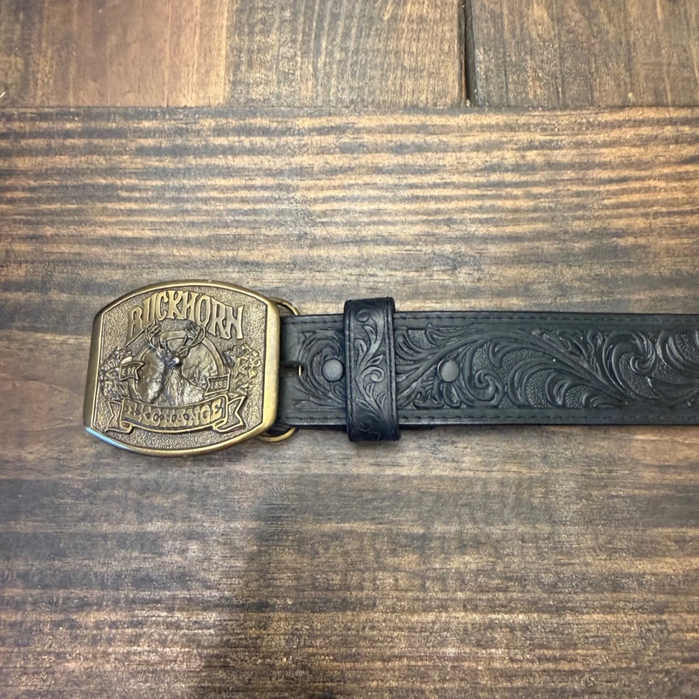 VTG Silver Creek Black Tooled Leather Belt Buckhorn Exchange Buckle Size 36 USA - Picture 4 of 7